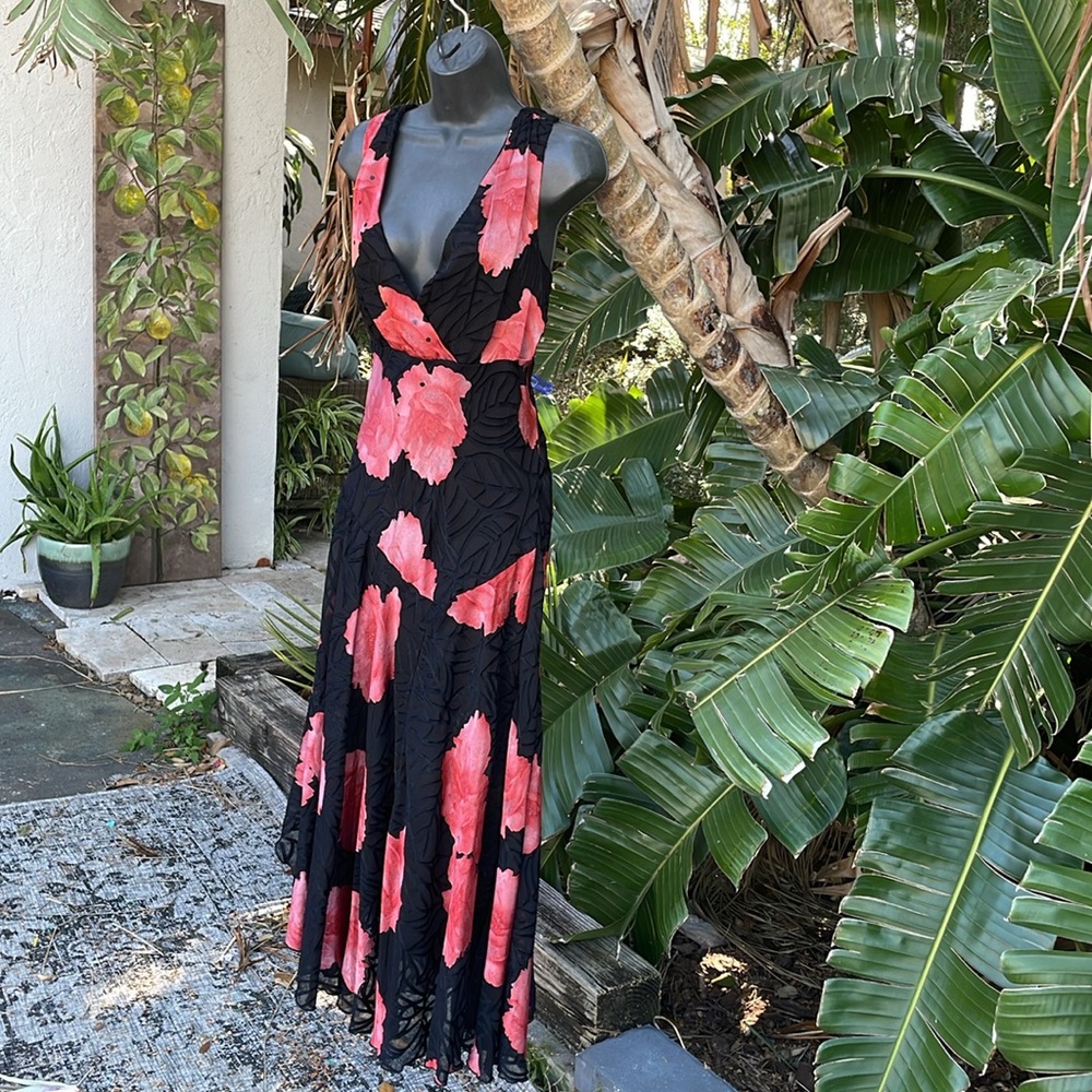 bias cut, drop waist burn out dark floral asymmetric dress